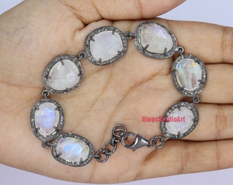 Natural blue fire Moonstone & natural pave diamond bracelet, Moonstone bracelet, 925 starling silver handmade finish black platting bracelet