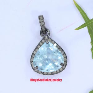 Handmade Aquamarine Diamond Pendant: Oxidized Sterling Silver Necklace