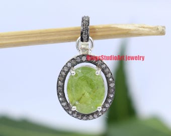 Handmade Sterling Silver Peridot Pendant with Pave Diamonds