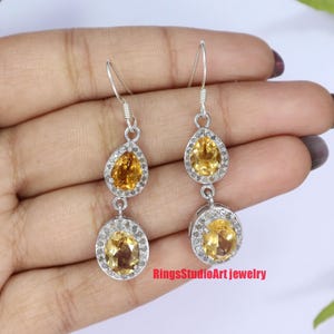 Handmade Diamond & Citrine Earrings: 925 Sterling Silver, 18k White Gold