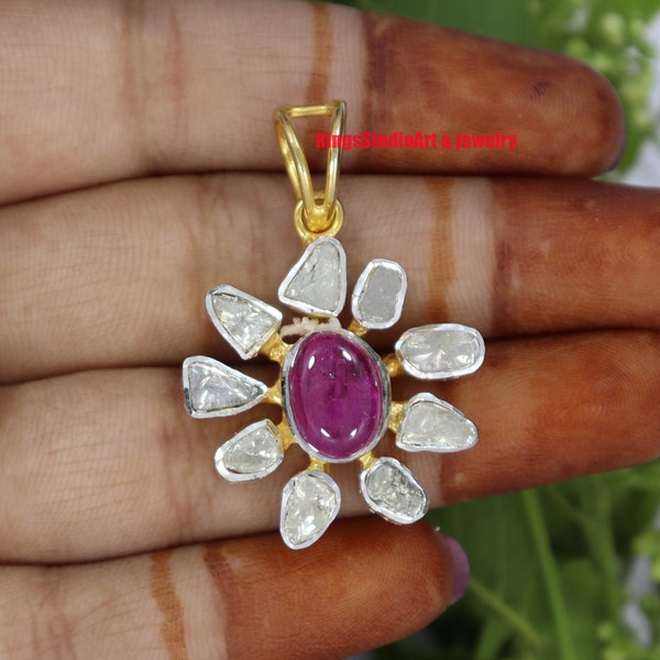 Natural Polki Diamond & natural ruby Pendant, 925 sterling silver micron gold platting handmade pendant necklace.anniversary necklace,