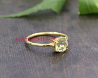 Bague en argent sterling 925 en quartz citron naturel / Bague en pierre précieuse de forme ronde / Bague en argent faite à la main / Cadeau pour sa bague / Bague de mariage