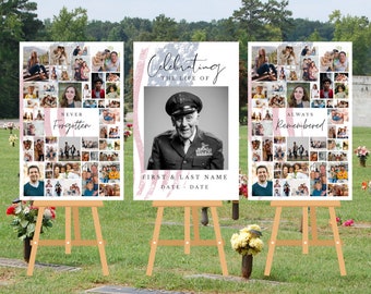 May include: Three memorial photo collage posters with a pink and blue watercolor background. The center poster features a black and white photo of a man in a military uniform. The text on the center poster reads "Celebrating the life of", "First & Last Name", and "Date - Date". The left poster features a collage of photos with the text "Never Forgotten". The right poster features a collage of photos with the text "Always Remembered".