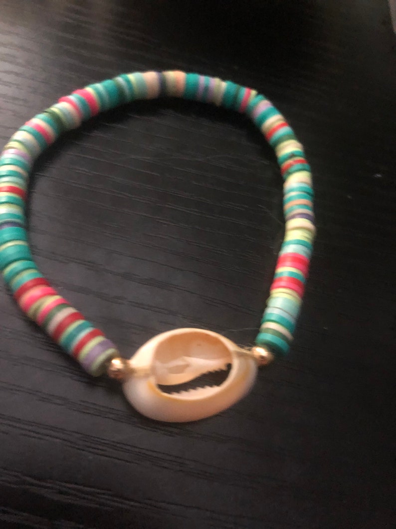 Rainbow Polymer Clay Bead Bracelet With Seashell Handmade Etsy