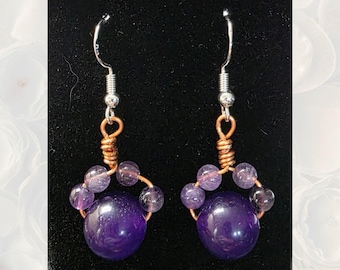 Amethyst Cat Paw Earrings - Handmade Copper Wire Wrapped - Hypoallergenic