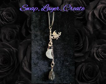 Quartz Moon & Black Tourmaline Necklace: Silver Dragon Charm, Adjustable Witchy Jewelry