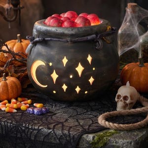 May include: A black cauldron-shaped light fixture with a crescent moon and star cutouts that emit a warm glow. The top is filled with glowing red spheres, and the exterior features a dark, weathered finish with a decorative handle detail.