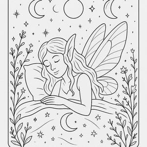 May include: Black and white line art illustration of a fairy sleeping on a pillow under a starry sky with crescent moons. The text "Enchanted Nights" and "A Bedtime Coloring Book for All Ages" are at the top and bottom.