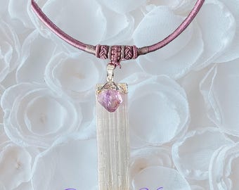 Amethyst & Selenite Necklace | Mauve Cord Choker | Crystal Healing Jewelry | Spiritual Protection Necklace