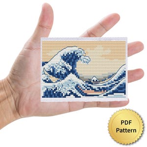 The Great Wave off Kanagawa Cross Stitch Pattern, Katsushika Hokusai, Easy for Beginner. Miniature Art, Tiny Masterpiece, Drawing. 4StitchLV