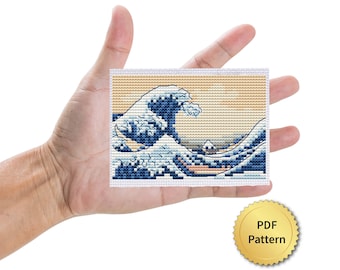 Patrón de punto de cruz de La Gran Ola de Kanagawa, Katsushika Hokusai, fácil para principiantes. Arte en miniatura, obra maestra en miniatura, dibujo. 4StitchLV