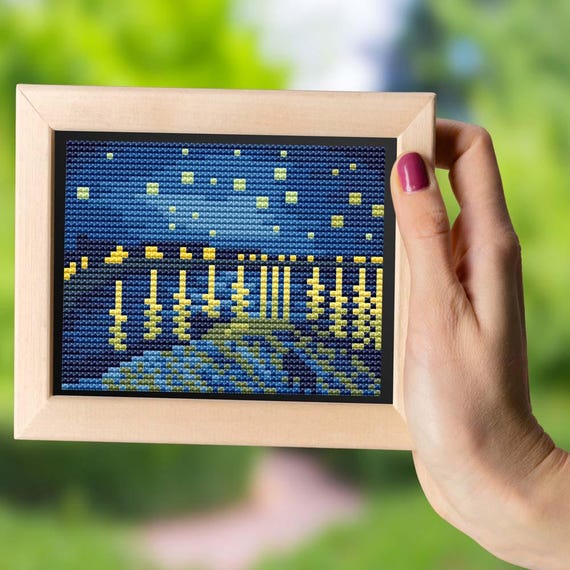 ローヌ川の星月夜クロスステッチ図案。フィンセント・ファン・ゴッホの