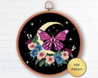 Moon Butterfly Moth with Flowers Cross Stitch Pattern. Modern Gothic Cross Stitch. Mystical Magic Witchy Theme Cottagecore Decor. 4StitchLV