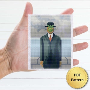 Tiny Rene Magritte Cross Stitch Pattern. Son of Man, Miniature Art, Tiny Drawing Masterpiece, Easy for Beginners. 4StitchLV