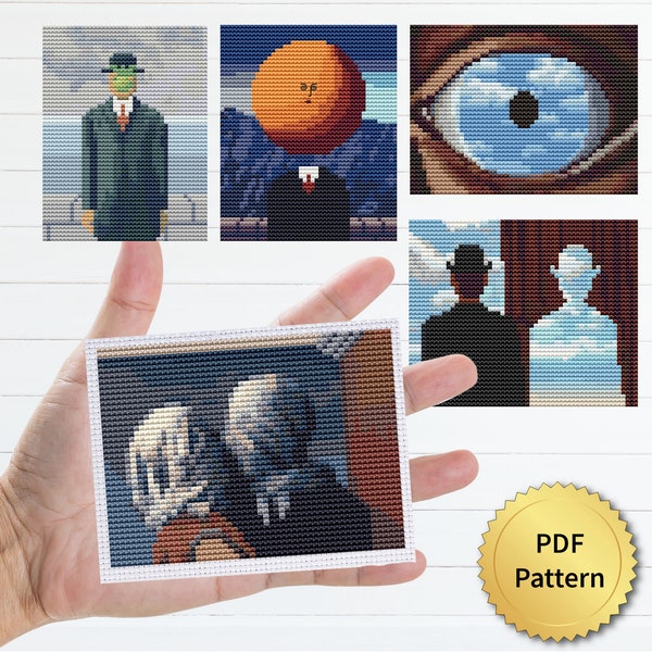 SET of 5 Tiny Rene Magritte Cross Stitch Pattern. The False Mirror, Lovers, Son of Man, Art of Living, Miniature Art, Decalcomania,