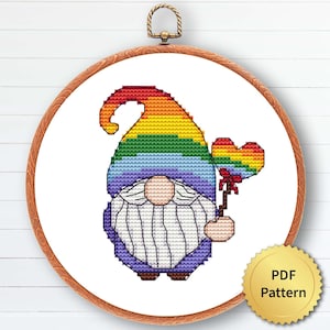 Grappig LGBT-kabouterkruissteekpatroon, eenvoudig schattig juni Pride Month-borduurwerk, getelde grafiek, modern ontwerp. 4StitchLV