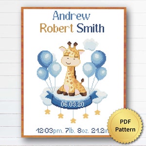 Cute Giraffe Animal, Boy Girl Birth Announcement Cross Stitch Pattern, Personalized Baby Nursery Decor. Baby Shower, Baby Birthday