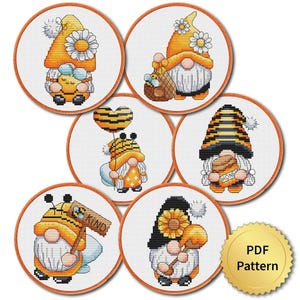 SET of 6 Funny Bee Gnome Cross Stitch Pattern, Easy Honey Bee, Bumblebee gnome, Counted Chart, Modern Design. 4StitchLV