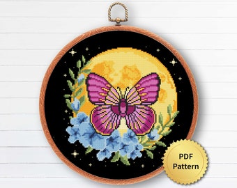 Moon Butterfly. Moth with Flowers Cross Stitch Pattern. Modern Gothic Cross Stitch. Mystical Magic Witchy Theme Cottagecore Decor. 4StitchLV