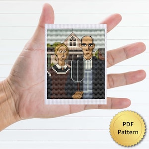 Grant Wood Cross Stitch Pattern, American Gothic, Easy for Beginners. Miniature Art, Tiny Masterpiece, Famous, Beginner Friendly. 4StitchLV