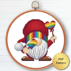 LGBT-kabouter-kruissteekpatroon, eenvoudig schattig juni Pride Month-borduurwerk, getelde grafiek, modern ontwerp, 4StitchLV