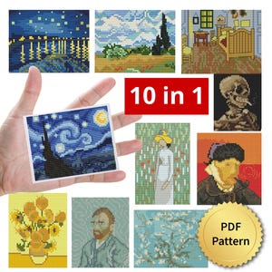 Puede incluir: Una colección de diez patrones de punto de cruz con obras de arte famosas, como "La noche estrellada" y girasoles. Las imágenes se muestran sobre un fondo blanco, con un letrero rojo que dice "10 en 1" y un sello dorado de patrón PDF.