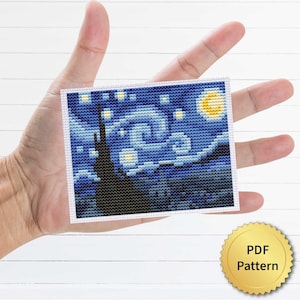Starry night by Vincent Van Gogh Cross Stitch Pattern.  Miniature Art Cross Stitch, Easy Tiny Drawing Masterpiece. 4StitchLV