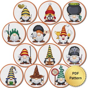 SET of 12 Funny Wizard Gnomes Cross Stitch Pattern, Easy Cute Magic, Counted Cross Stitch Chart, Modern Design Bundle. 4StitchLV