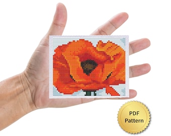 Red Poppy Cross Stitch Pattern. Tiny Georgia O'Keeffe. Easy for Beginner. Miniature Art, Tiny Famous Masterpiece. 4StitchLV