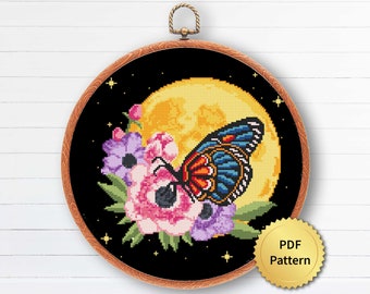 Moon Butterfly. Moth with Flowers Cross Stitch Pattern. Modern Gothic Cross Stitch. Mystical Magic Witchy Theme Cottagecore Decor. 4StitchLV