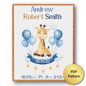Niedliche Giraffe Tier, Junge Mädchen Geburtsankündigung Kreuzstichmuster, personalisierte Baby Kinderzimmer Dekor. Babyparty, Geburtstag. 4StitchLV