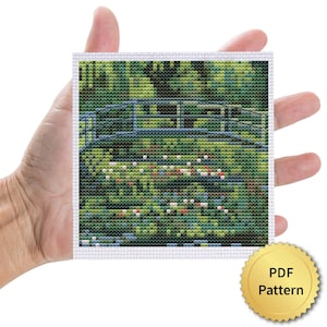 Water Lilies and Japanese Bridge by Claude Monet Cross Stitch Pattern. Miniature Art Tiny Drawing Masterpiece. 4StitchLV