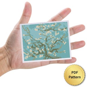 Korsstygnsmönster med mandelblommor av Vincent van Gogh. Miniatyrkonstkorsstygn, enkelt mästerverk med små teckningar. 4StitchLV