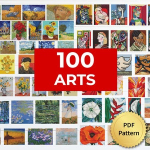 Tiny Art Cross Stitch Pattern. Easy for Beginner. Miniature Art, Tiny Famous Masterpiece, Set Bundle, 100 Arts. 4StitchLV