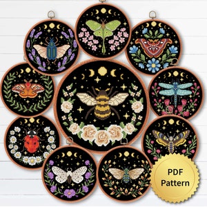 Witch Celestial Bee Cross Stitch Pattern. Mystic Magic Insect Theme Cottagecore Decor, Ladybug Scarab Bug Bee Cicade, Set, Bundle. 4StitchLV