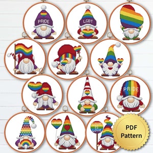 LGBT-kabouterkruissteekpatroon, gemakkelijke leuke Pride-maand juni, getelde grafiek, modern ontwerp. Set van 12 grappige kabouters. 4StitchLV