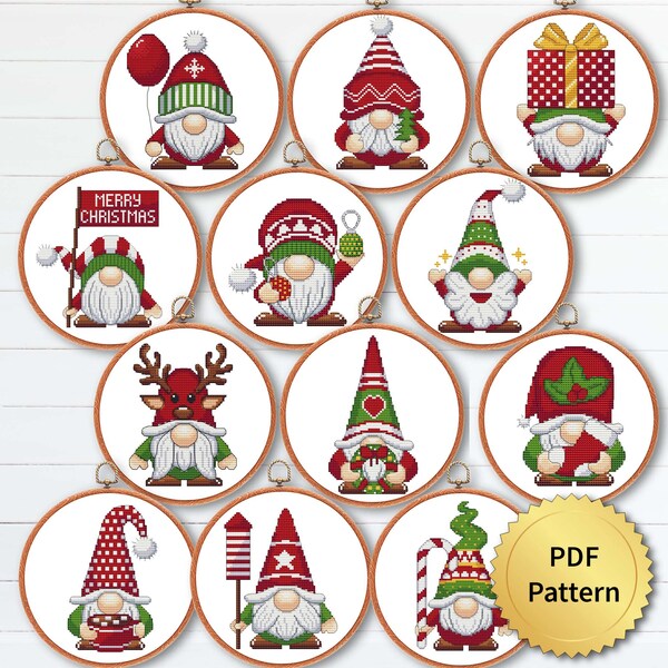 SET of 12 Funny Christmas Gnomes Cross Stitch Pattern, Easy Cute Christmas Embroidery, Counted Cross Stitch Chart, Modern Design