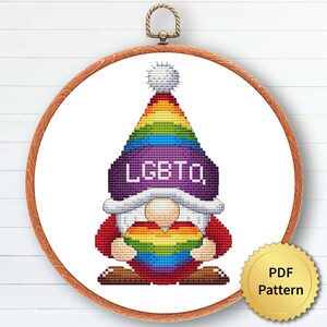 LGBT-kabouter-kruissteekpatroon, eenvoudig schattig juni Pride Month-borduurwerk, getelde grafiek, modern ontwerp, 4StitchLV