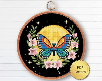 Moon Butterfly. Moth with Flowers Cross Stitch Pattern. Modern Gothic Cross Stitch. Mystical Magic Witchy Theme Cottagecore Decor. 4StitchLV