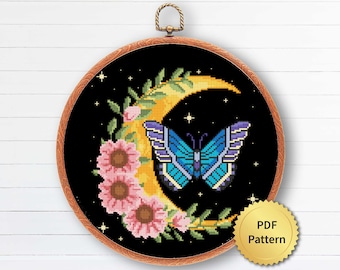 Moon Butterfly. Moth with Flowers Cross Stitch Pattern. Modern Gothic Cross Stitch. Mystical Magic Witchy Theme Cottagecore Decor. 4StitchLV