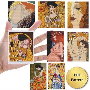 Set von 8 Winzigen Gustav Klimt Kreuzstich Stickmustern. Miniatur-Kunst Kreuzstich, einfach kleines Zeichnungs-Meisterwerk. 4StitchLV