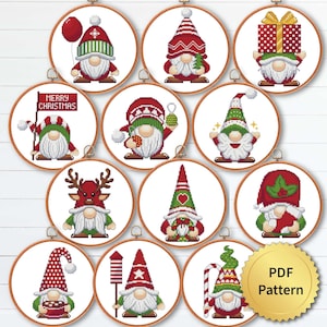 SET of 12 Funny Christmas Gnomes Cross Stitch Pattern, Easy Cute Christmas Embroidery, Counted Cross Stitch Chart, Modern Design