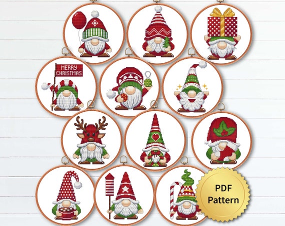 SET of 12 Funny Christmas Gnomes Cross Stitch Pattern, Easy Cute Christmas  Ornaments Embroidery, Counted Cross Stitch Chart, Modern Design 