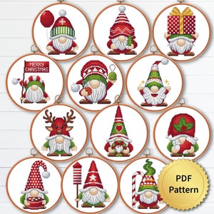 SET von 12 Lustigen Weihnachtszwergen Kreuzstichmuster, Einfache niedliche Weihnachtsstickerei, Kreuzstichvorlage, Modernes Design. 4StitchLV