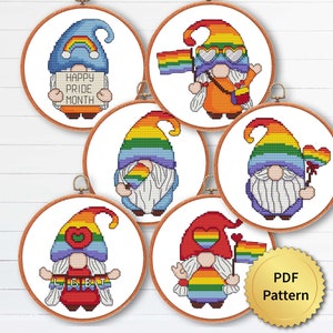 LGBTQ-kabouterkruissteekpatroon, eenvoudig schattig juni Pride Month-borduurwerk, getelde grafiek, modern ontwerp. SET, bundel. 4StitchLV