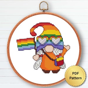 Grappig LGBT-kabouterkruissteekpatroon, eenvoudig schattig juni Pride Month-borduurwerk, getelde grafiek, modern ontwerp. 4StitchLV