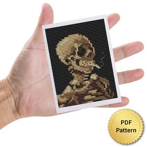 Skull of a Skeleton with Burning Cigarette Cross Stitch Pattern. Vincent Van Gogh Cross Stitch. Miniature Art Tiny Masterpiece. 4StitchLV