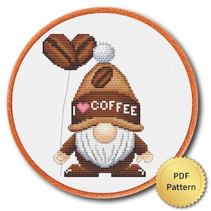Wzór haftu krzyżykowego „Kawowy krasnal”, łatwy, słodki, cukrowy naleśnik, schemat haftu krzyżykowego, nowoczesny design. 4StitchLV