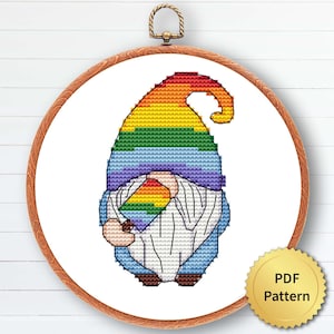 Grappig LGBT-kabouterkruissteekpatroon, eenvoudig schattig juni Pride Month-borduurwerk, getelde grafiek, modern ontwerp. 4StitchLV