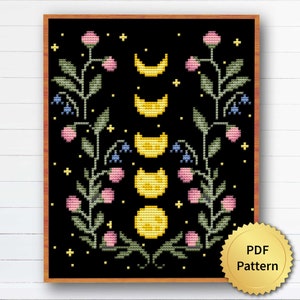 Celestial Moon Phases Cross Stitch Pattern. Modern Space Design. Witchy Galaxy Cottagecore Decor, Night Sky Goblincore. 4StitchLV